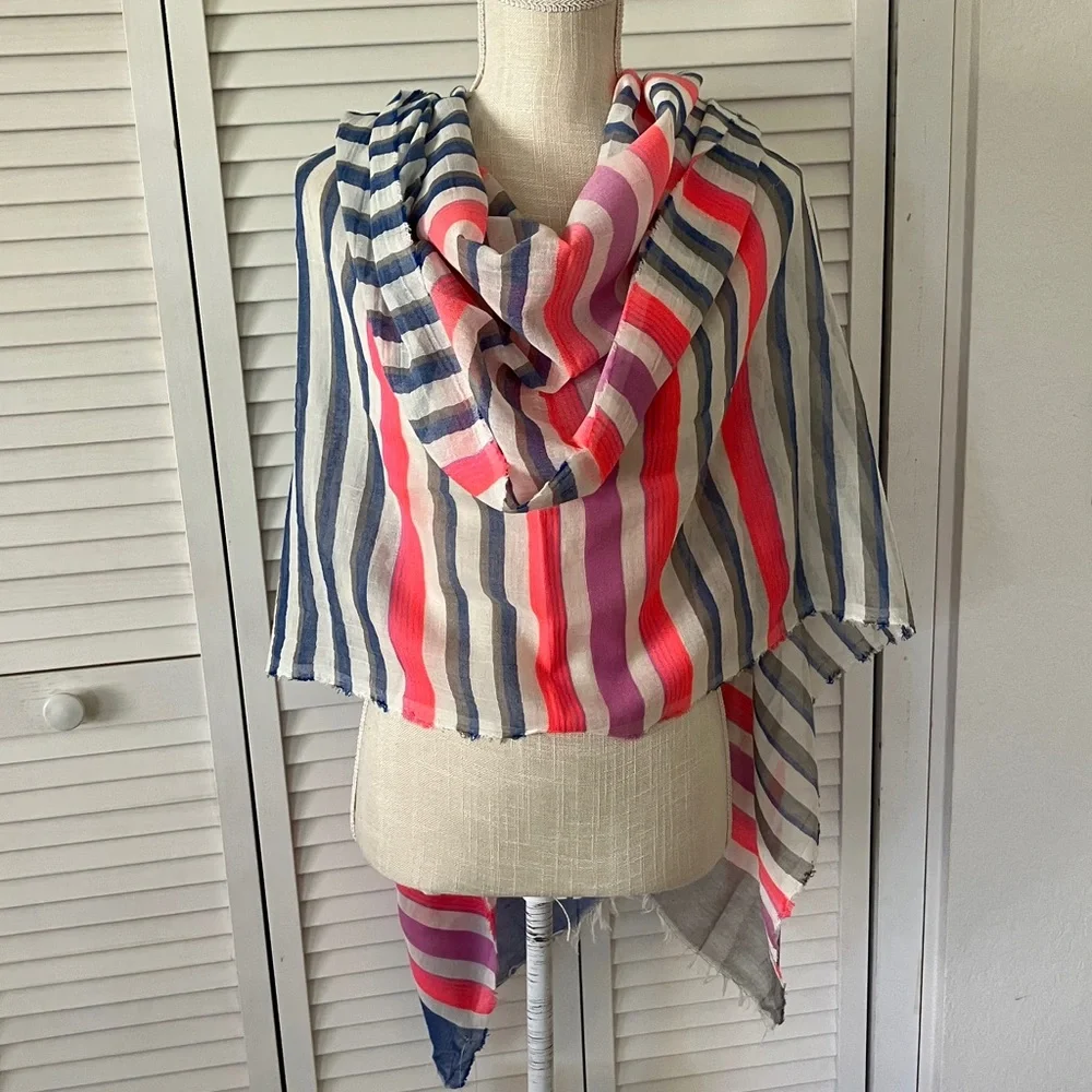 Lightweight Striped Cotton-Blend Scarf‎ in Blue & White with Pink & Red Accents